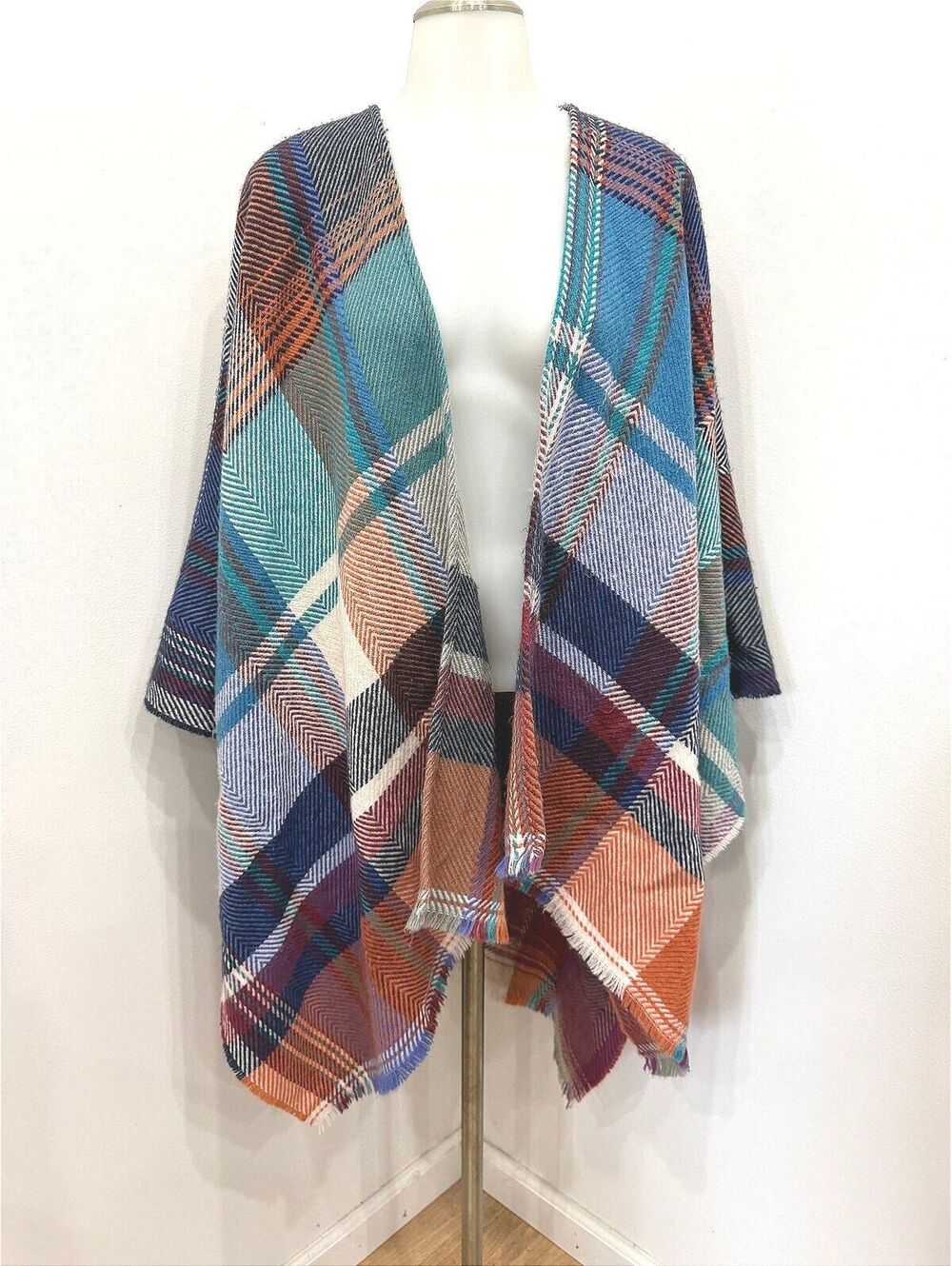 Plaid Pattern Open Front Knit Poncho Wrap One Size